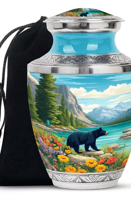 Jewel Teal Bear Cremation Urn side profile showing urn shape - modern art-inspired bear motif on sleek aluminum - full-size 10 inch 200 cubic inch adult cremation urn