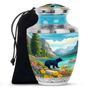 Jewel Teal Bear Cremation Urn side profile showing urn shape - modern art-inspired bear motif on sleek aluminum - full-size 10 inch 200 cubic inch adult cremation urn