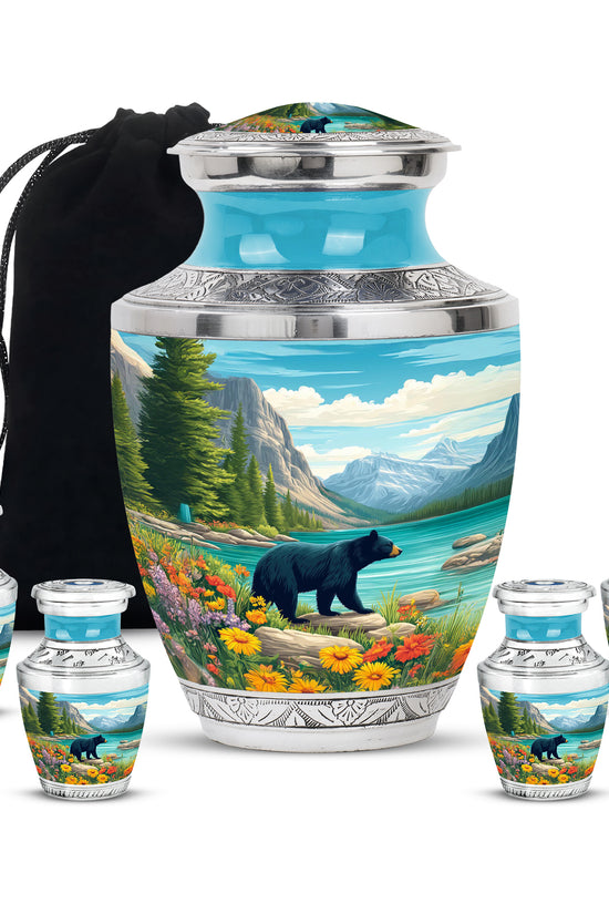 Ocean Teal Bear Cremation Urn lifestyle display on memorial shelf - contemporary bear design with modern artistic flair - memorial set with one large and four small urns