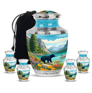 Ocean Teal Bear Cremation Urn lifestyle display on memorial shelf - contemporary bear design with modern artistic flair - memorial set with one large and four small urns