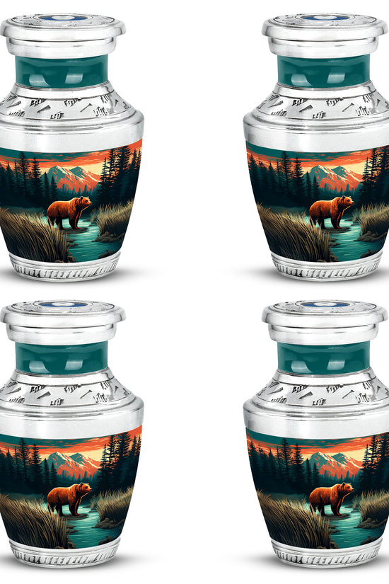 Tropical Teal Bear Cremation Urn back view with polished surface - stylized abstract bear pattern with bold lines - 10 inch aluminum urn for cremated remains