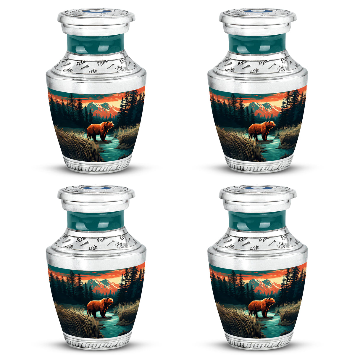 Tropical Teal Bear Cremation Urn back view with polished surface - stylized abstract bear pattern with bold lines - 10 inch aluminum urn for cremated remains