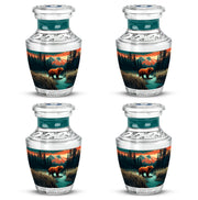 Tropical Teal Bear Cremation Urn back view with polished surface - stylized abstract bear pattern with bold lines - 10 inch aluminum urn for cremated remains