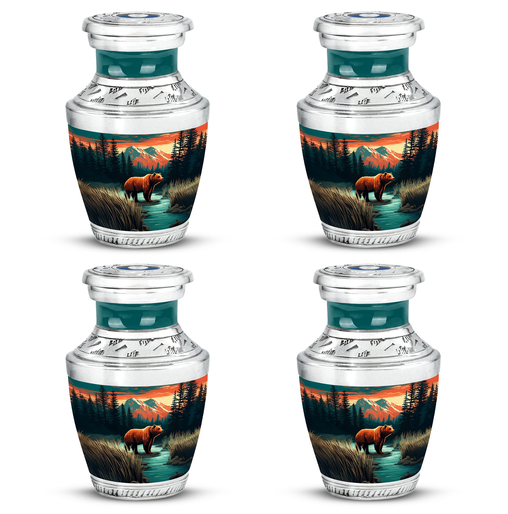 Tropical Teal Bear Cremation Urn back view with polished surface - stylized abstract bear pattern with bold lines - 10 inch aluminum urn for cremated remains