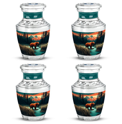 Tropical Teal Bear Cremation Urn back view with polished surface - stylized abstract bear pattern with bold lines - 10 inch aluminum urn for cremated remains
