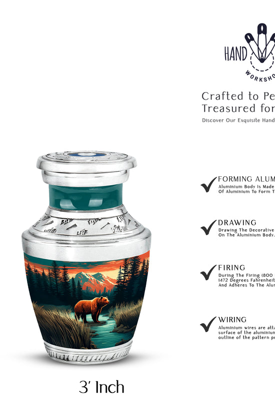 Vivid Teal Bear Cremation Urn top-down view of secure threaded lid - stylized abstract bear pattern with bold lines - mini keepsake memorial for portion of cremation ashes