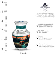Vivid Teal Bear Cremation Urn top-down view of secure threaded lid - stylized abstract bear pattern with bold lines - mini keepsake memorial for portion of cremation ashes
