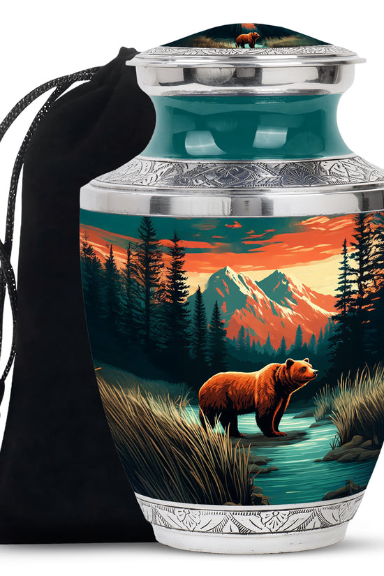 Sea Green Teal Bear Cremation Urn side profile showing urn shape - modern art-inspired bear motif on sleek aluminum - full-size 10 inch 200 cubic inch adult cremation urn