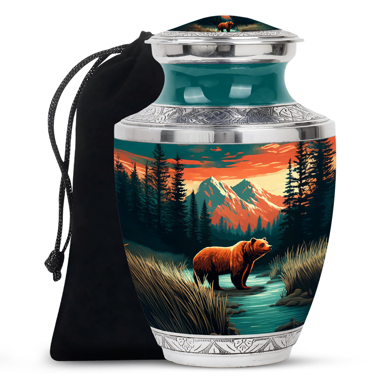 Sea Green Teal Bear Cremation Urn side profile showing urn shape - modern art-inspired bear motif on sleek aluminum - full-size 10 inch 200 cubic inch adult cremation urn