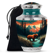 Sea Green Teal Bear Cremation Urn side profile showing urn shape - modern art-inspired bear motif on sleek aluminum - full-size 10 inch 200 cubic inch adult cremation urn