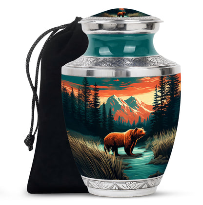 Sea Green Teal Bear Cremation Urn side profile showing urn shape - modern art-inspired bear motif on sleek aluminum - full-size 10 inch 200 cubic inch adult cremation urn