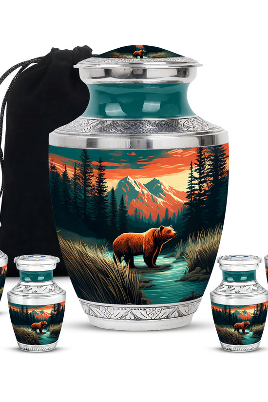 Aqua Teal Bear Cremation Urn lifestyle display on memorial shelf - stylized abstract bear pattern with bold lines - memorial set with one large and four small urns