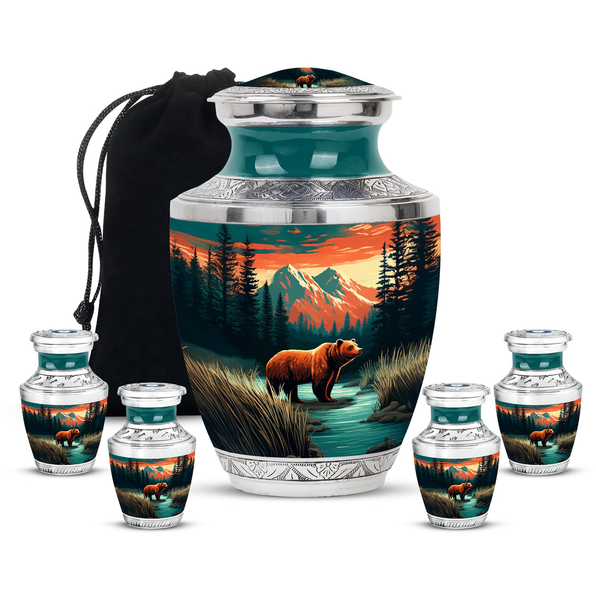 Aqua Teal Bear Cremation Urn lifestyle display on memorial shelf - stylized abstract bear pattern with bold lines - memorial set with one large and four small urns