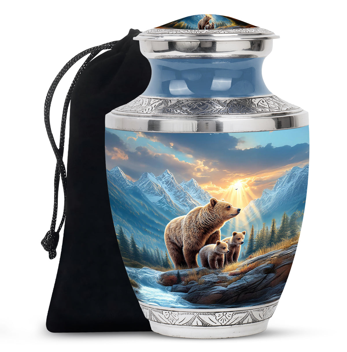 Vivid Blue Bear Cremation Urn side profile showing urn shape - artistic bear interpretation with creative detail - full-size 10 inch 200 cubic inch adult cremation urn