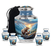 Powder Blue Bear Cremation Urn lifestyle display on memorial shelf - modern art-inspired bear motif on sleek aluminum - memorial set with one large and four small urns