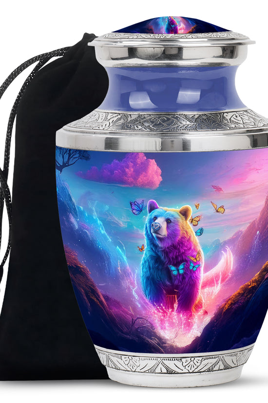 Azure Bear Cremation Urn side profile showing urn shape - modern art-inspired bear motif on sleek aluminum - full-size 10 inch 200 cubic inch adult cremation urn