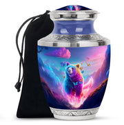 Azure Bear Cremation Urn side profile showing urn shape - modern art-inspired bear motif on sleek aluminum - full-size 10 inch 200 cubic inch adult cremation urn