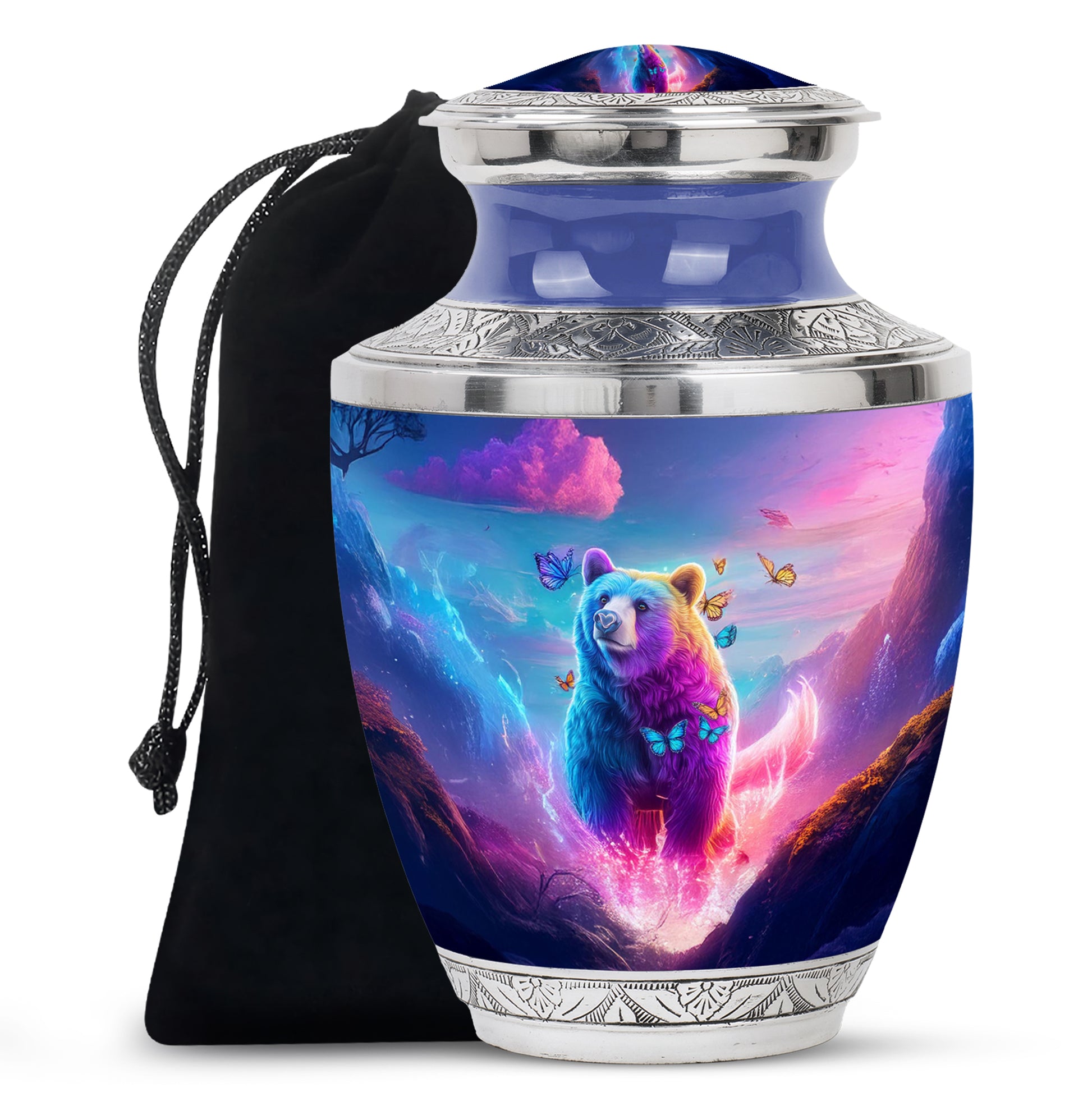 Azure Bear Cremation Urn side profile showing urn shape - modern art-inspired bear motif on sleek aluminum - full-size 10 inch 200 cubic inch adult cremation urn
