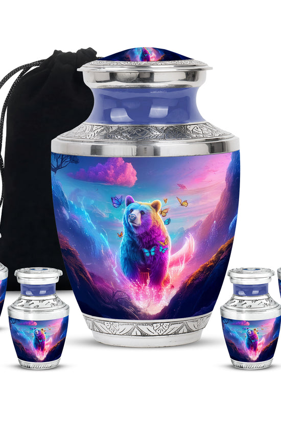 Indigo Bear Cremation Urn lifestyle display on memorial shelf - modern art-inspired bear motif on sleek aluminum - memorial set with one large and four small urns