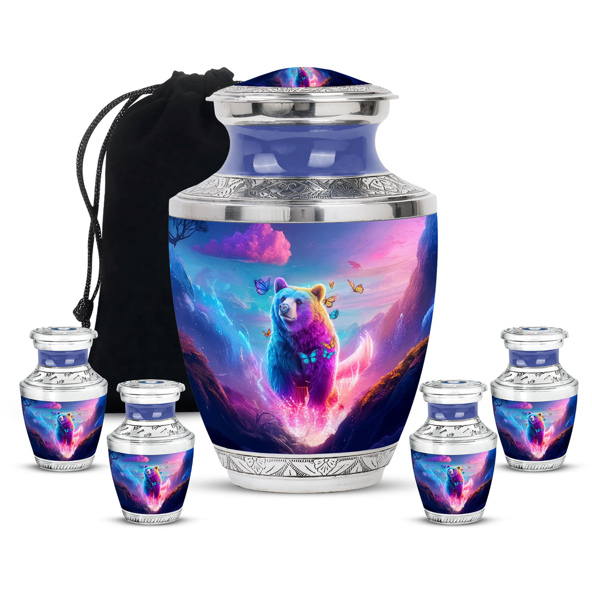 Indigo Bear Cremation Urn lifestyle display on memorial shelf - modern art-inspired bear motif on sleek aluminum - memorial set with one large and four small urns