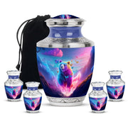 Indigo Bear Cremation Urn lifestyle display on memorial shelf - modern art-inspired bear motif on sleek aluminum - memorial set with one large and four small urns