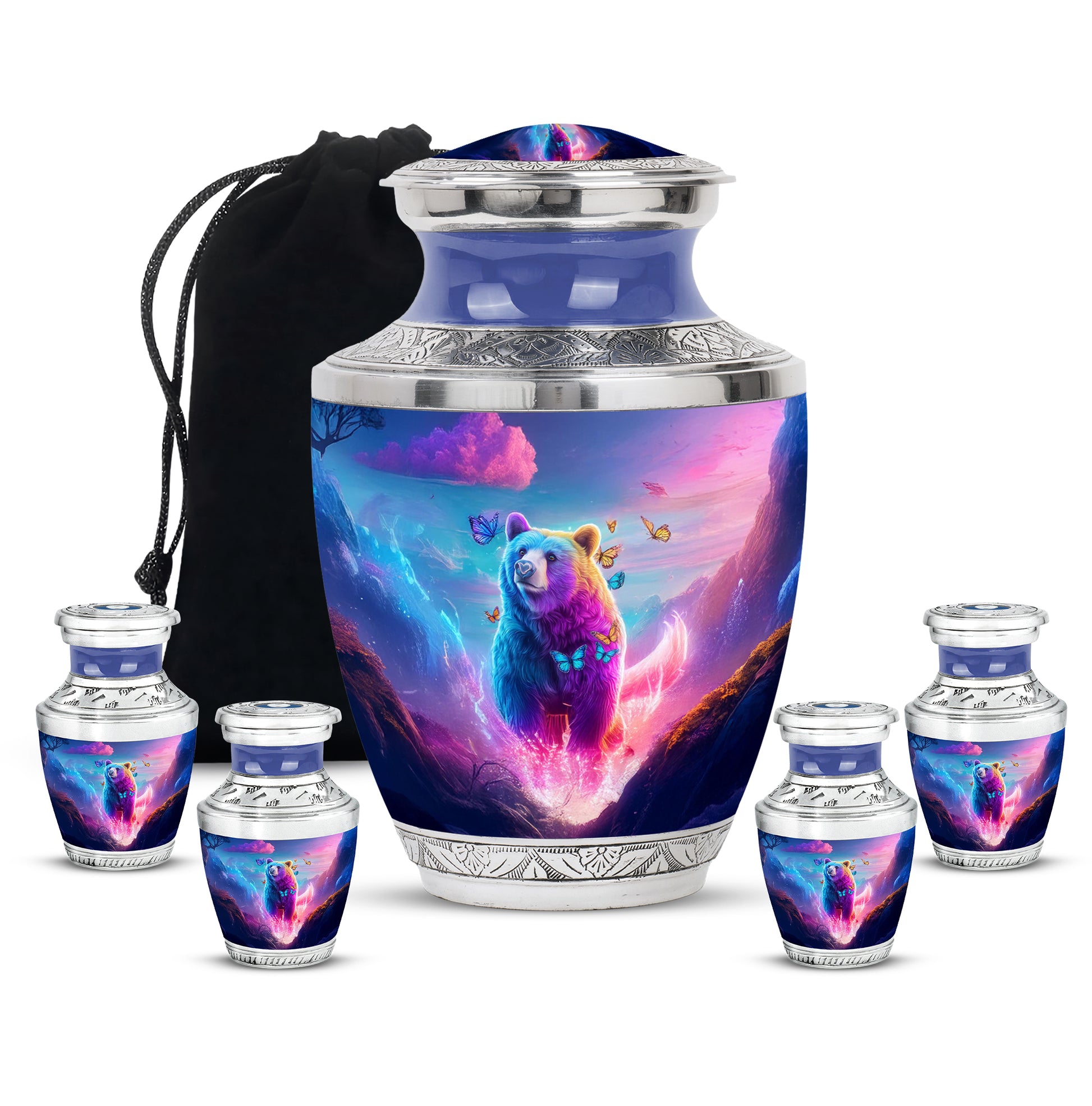 Indigo Bear Cremation Urn lifestyle display on memorial shelf - modern art-inspired bear motif on sleek aluminum - memorial set with one large and four small urns