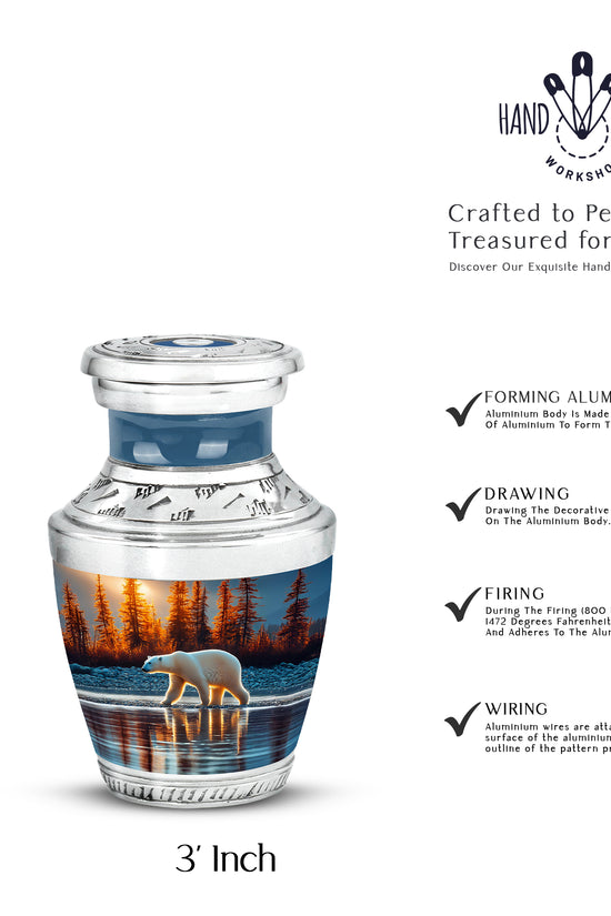 Calming Blue Bear Cremation Urn top-down view of secure threaded lid - stylized abstract bear pattern with bold lines - mini keepsake memorial for portion of cremation ashes