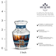 Calming Blue Bear Cremation Urn top-down view of secure threaded lid - stylized abstract bear pattern with bold lines - mini keepsake memorial for portion of cremation ashes