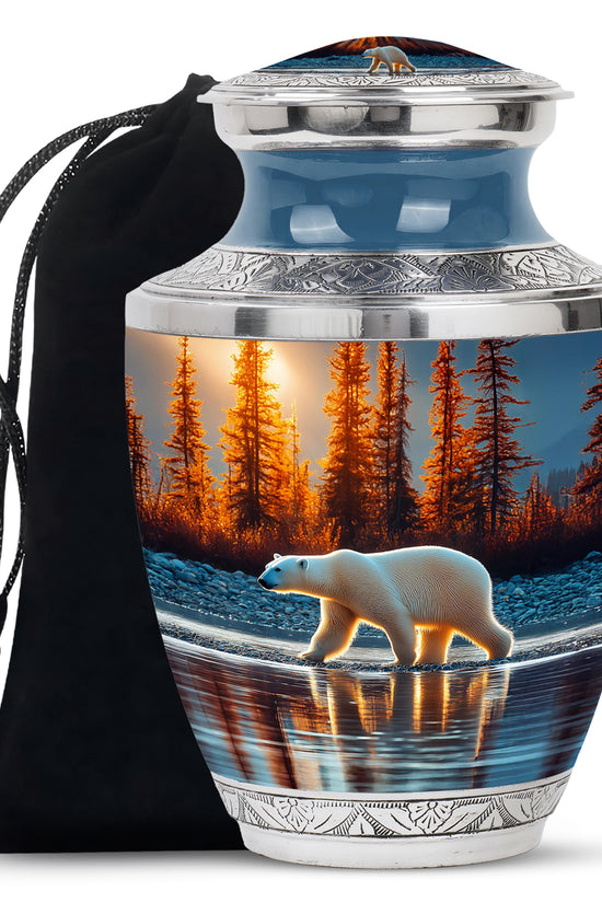 Pastel Blue Bear Cremation Urn side profile showing urn shape - modern art-inspired bear motif on sleek aluminum - full-size 10 inch 200 cubic inch adult cremation urn