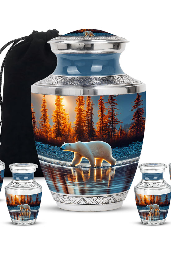 Sapphire Blue Bear Cremation Urn lifestyle display on memorial shelf - artistic bear interpretation with creative detail - memorial set with one large and four small urns