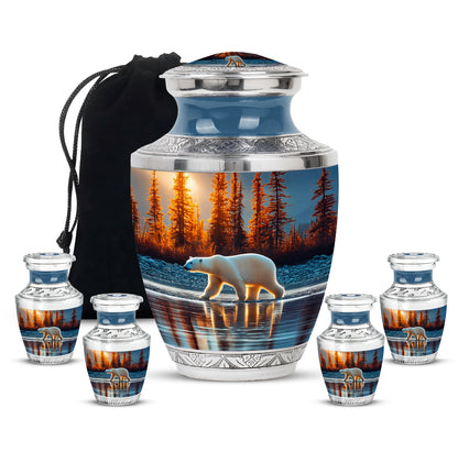 Sapphire Blue Bear Cremation Urn lifestyle display on memorial shelf - artistic bear interpretation with creative detail - memorial set with one large and four small urns