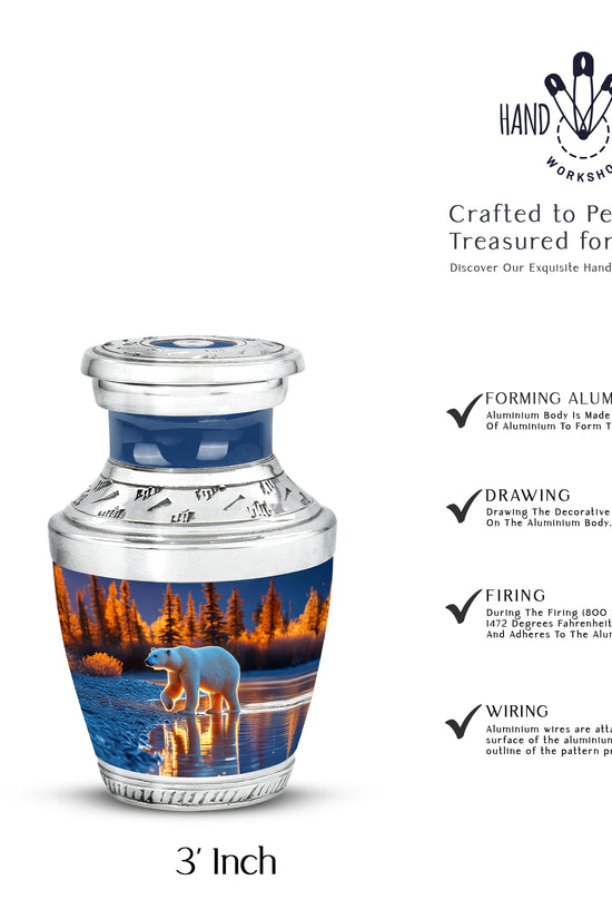 Calming Blue Bear Cremation Urn top-down view of secure threaded lid - stylized abstract bear pattern with bold lines - mini keepsake memorial for portion of cremation ashes