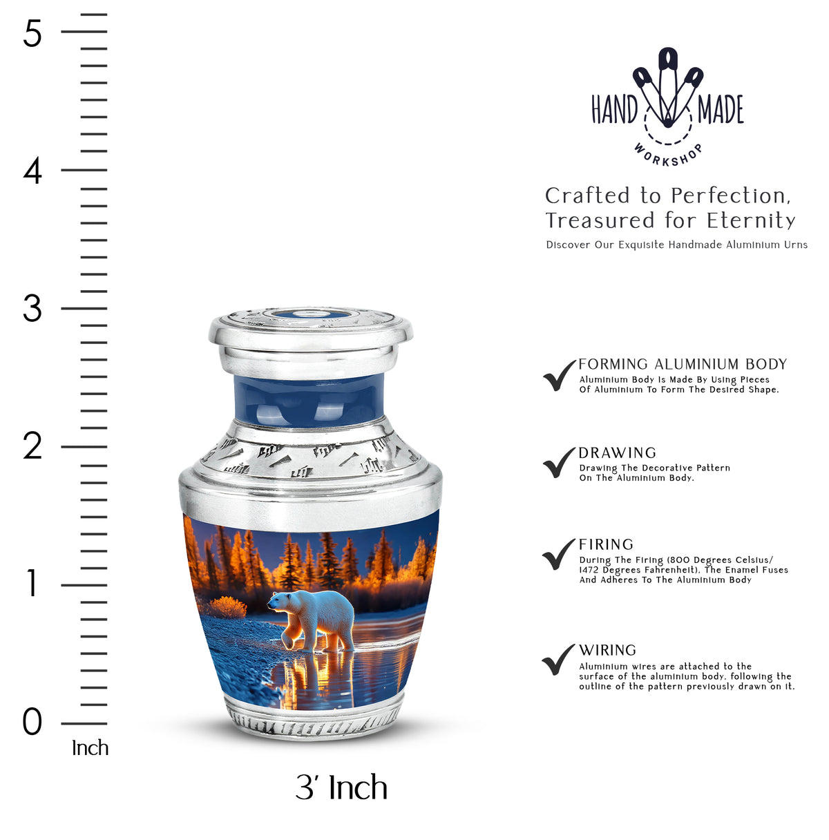 Calming Blue Bear Cremation Urn top-down view of secure threaded lid - stylized abstract bear pattern with bold lines - mini keepsake memorial for portion of cremation ashes