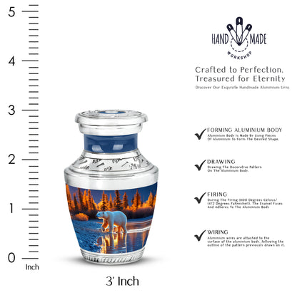 Calming Blue Bear Cremation Urn top-down view of secure threaded lid - stylized abstract bear pattern with bold lines - mini keepsake memorial for portion of cremation ashes