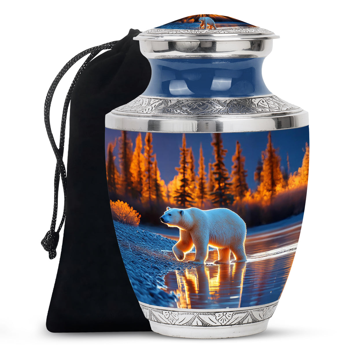 Indigo Bear Cremation Urn side profile showing urn shape - contemporary bear design with modern artistic flair - full-size 10 inch 200 cubic inch adult cremation urn