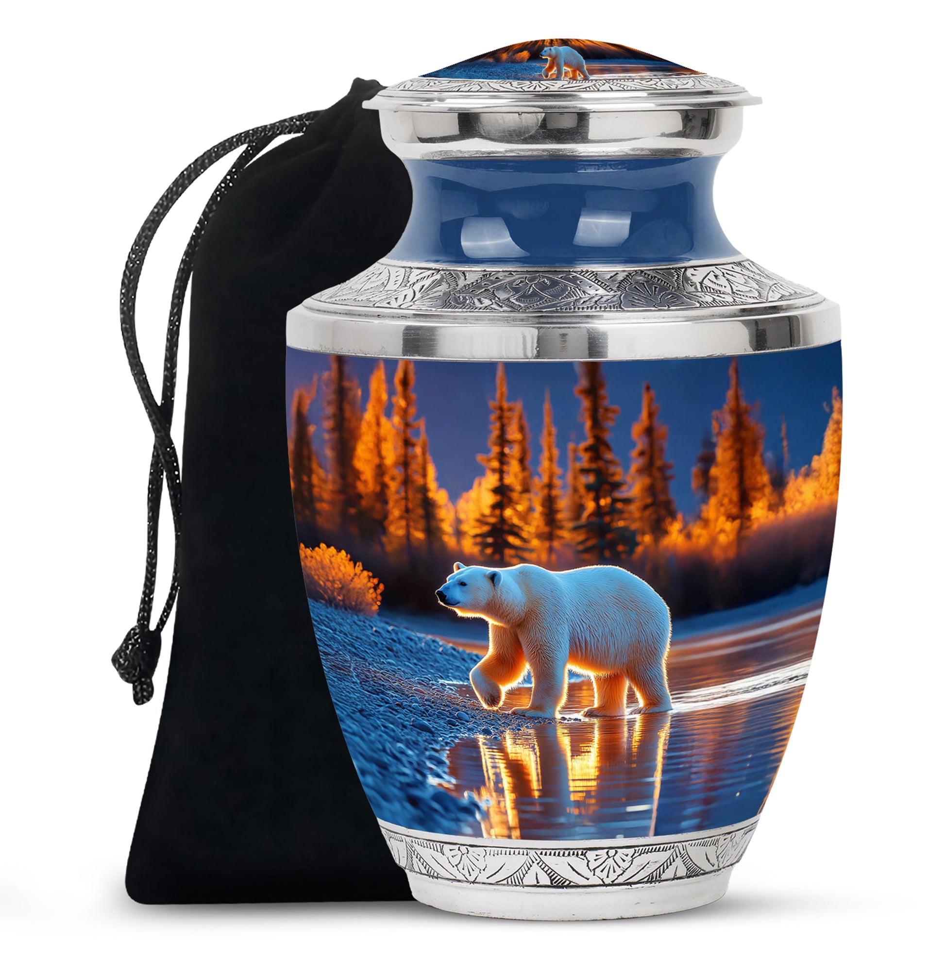 Indigo Bear Cremation Urn side profile showing urn shape - contemporary bear design with modern artistic flair - full-size 10 inch 200 cubic inch adult cremation urn