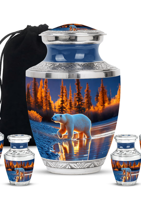 Powder Blue Bear Cremation Urn lifestyle display on memorial shelf - modern art-inspired bear motif on sleek aluminum - memorial set with one large and four small urns