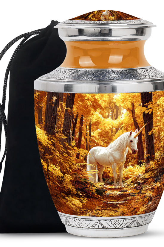 White Unicorn Cremation Urn - Autumn Forest Urn For Human Ashes