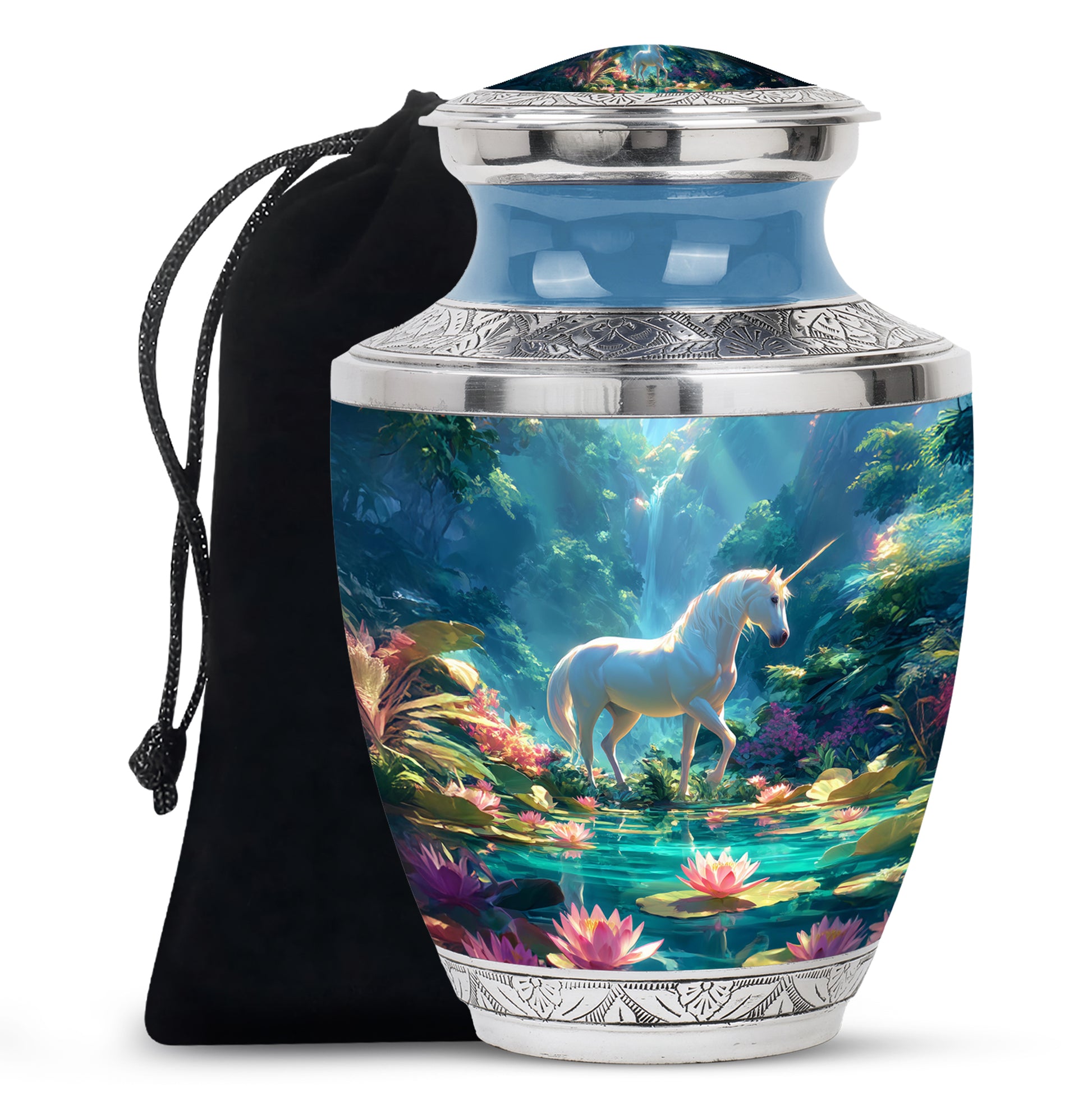 White Unicorn Theme Memorial Urn - Large Funeral Urn For Loved Ones