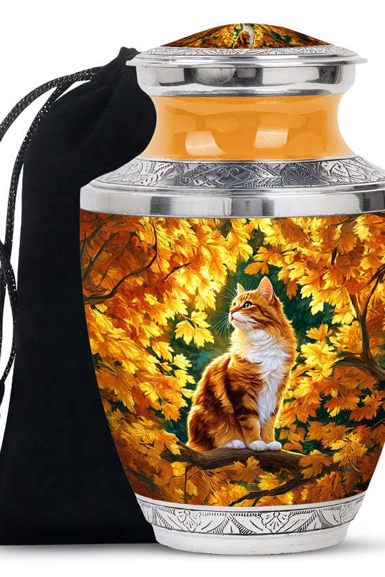 Autumn Golden Cat Memorial Urn - Decorative Funeral Urn For Adult Ashes