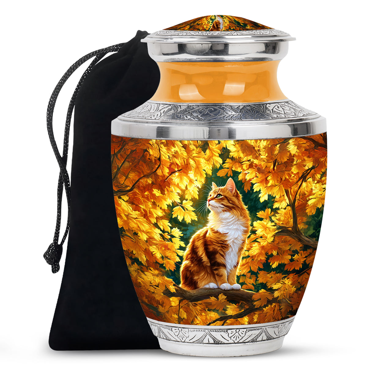 Autumn Golden Cat Memorial Urn - Decorative Funeral Urn For Adult Ashes
