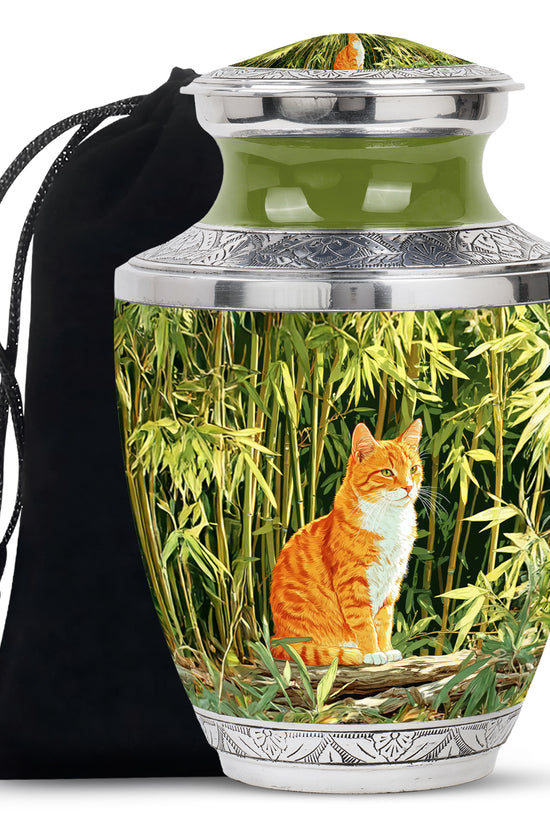 Orange Cat Cremation Urn - Nature Bamboo Design Memorial Urn For Cat Ashes