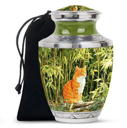 Orange Cat Cremation Urn - Nature Bamboo Design Memorial Urn For Cat Ashes
