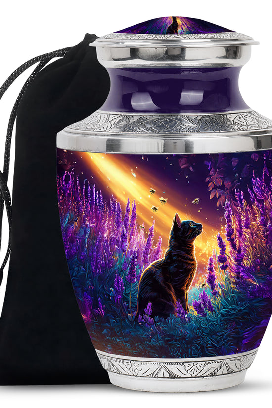 Black Cat Memorial Urn - Lavender Field Cremation Urn For Pet Ashes
