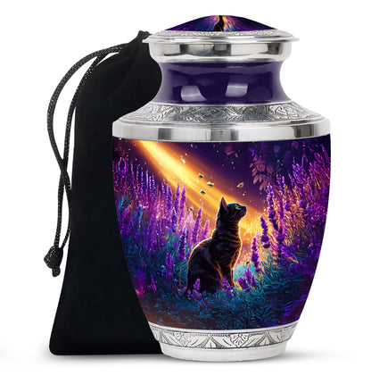 Black Cat Memorial Urn - Lavender Field Cremation Urn For Pet Ashes