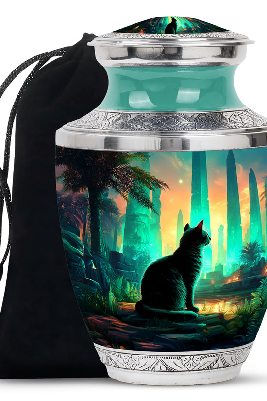 Mystic Cat Temple Funeral Urn - Decorative Aluminium Urn For Cat Ashes
