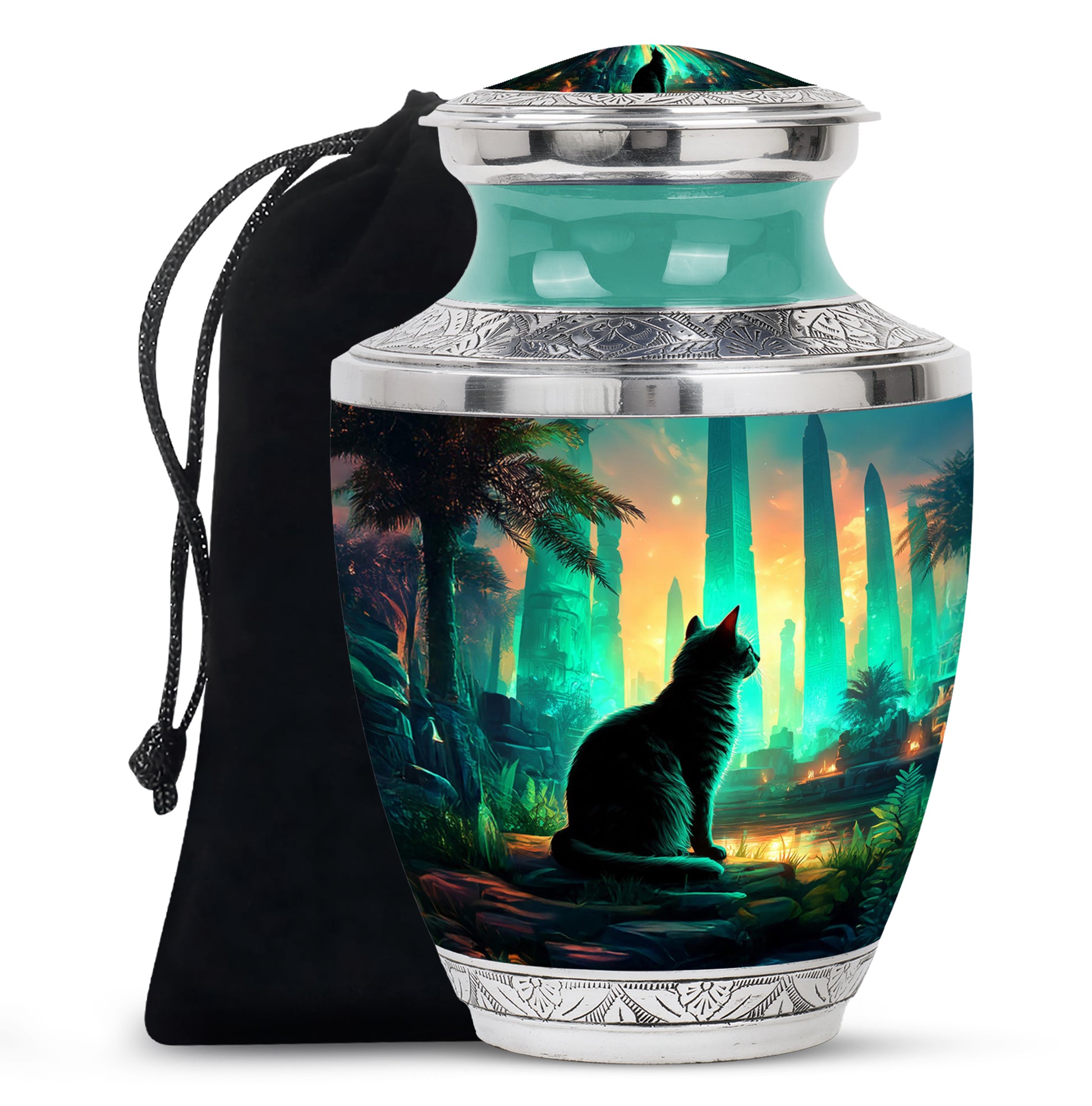 Mystic Cat Temple Funeral Urn - Decorative Aluminium Urn For Cat Ashes