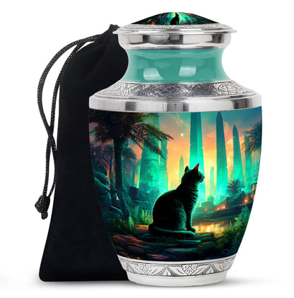 Mystic Cat Temple Funeral Urn - Decorative Aluminium Urn For Cat Ashes