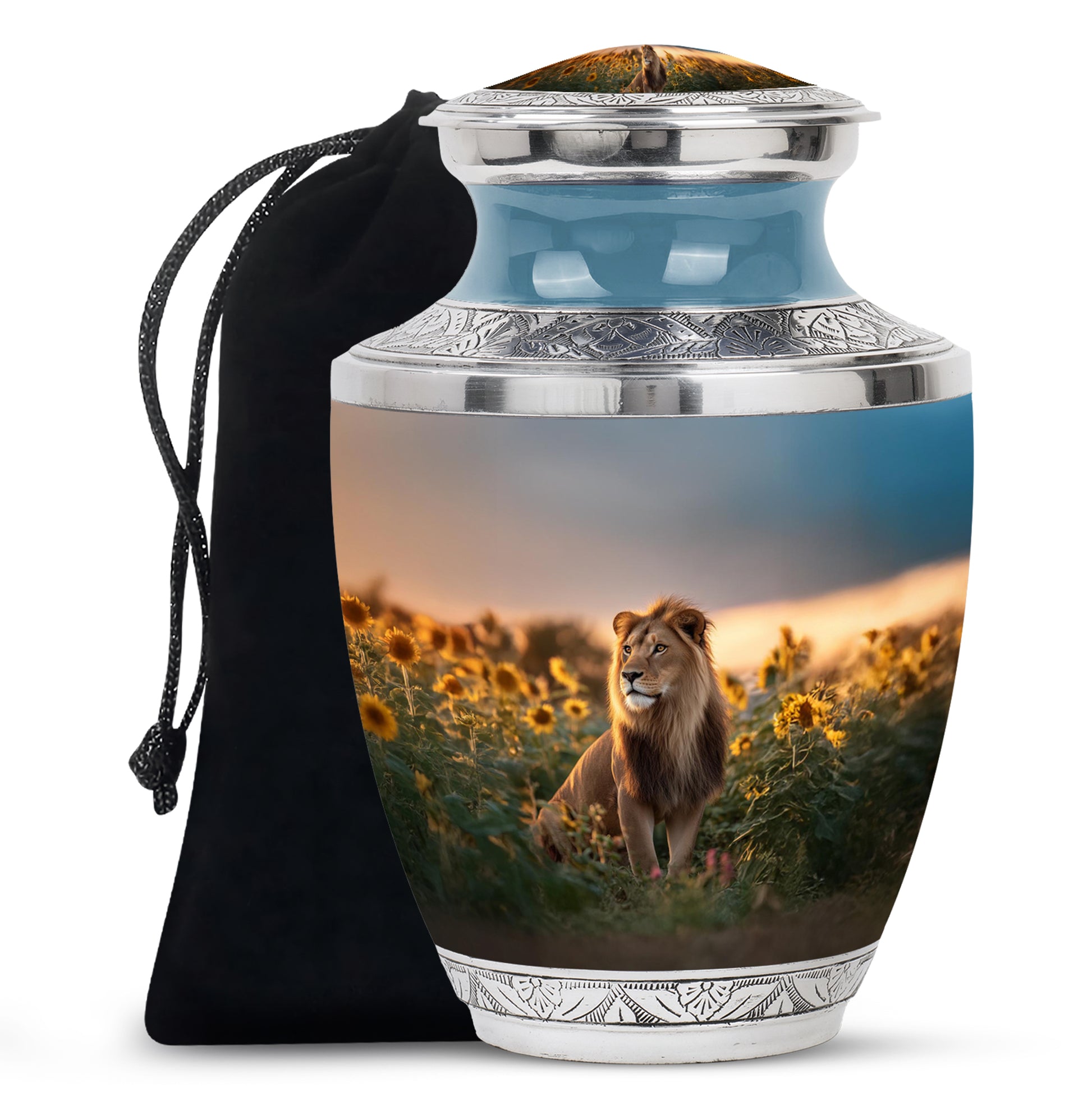 Lion Tribute Funeral Urn - Sunflower Field Cremation Urn For Men
