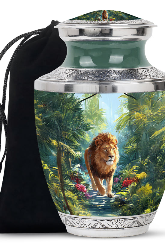 Jungle Lion Memorial Urn - Tropical Forest Cremation Urn For Dad